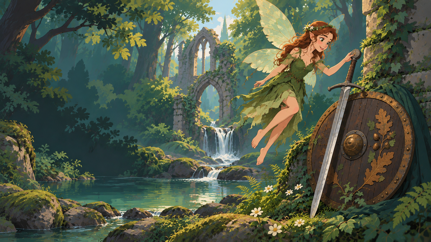 Original fantasy illustration: a woodland fairy, sword and shield